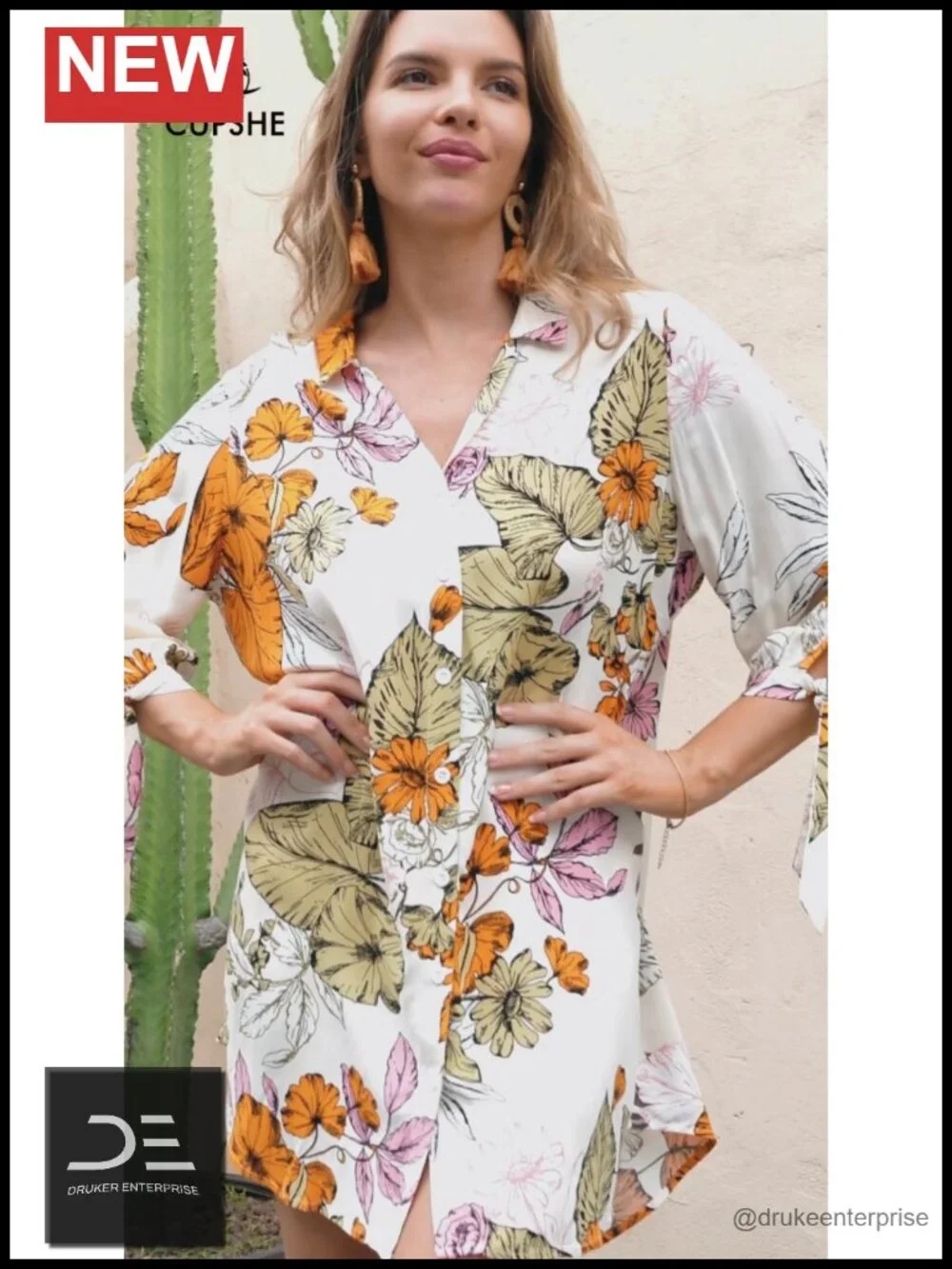 Floral Mini Dress 3/4 Sleeve Button Down Beach Cover Up Top